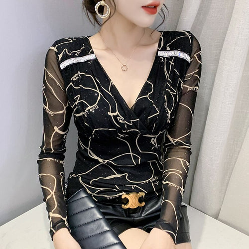 New 2021 Autumn Women Clothing Fashion Sexy V-Neck Print Mesh Tops Elegant Slim Women's T-Shirt