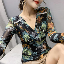 Load image into Gallery viewer, New 2021 Autumn Women Clothing Fashion Sexy V-Neck Print Mesh Tops Elegant Slim Women&#39;s T-Shirt