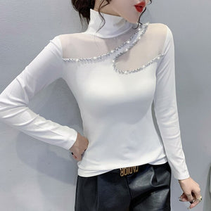 New 2021 Autumn Women Tops Fashion Casual Turtleneck Long Sleeved Mesh T-Shirt Elegant Slim Diamond perspective Women Clothing