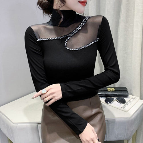 New 2021 Autumn Women Tops Fashion Casual Turtleneck Long Sleeved Mesh T-Shirt Elegant Slim Diamond perspective Women Clothing