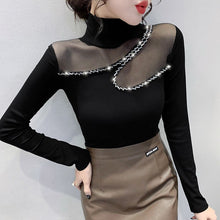 Load image into Gallery viewer, New 2021 Autumn Women Tops Fashion Casual Turtleneck Long Sleeved Mesh T-Shirt Elegant Slim Diamond perspective Women Clothing