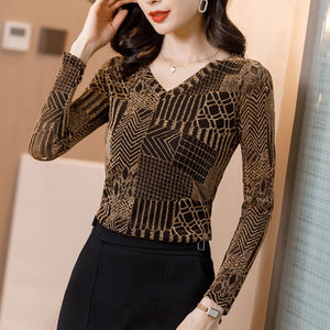 New 2021 Autumn Women Tops Fashion Casual V-neck Versatile Slim Long-sleeved Bright Silk Bottoming Shirt Blusas