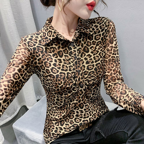 New 2021 Autumn Women's Blouse Shirt Fashion Casual Turtleneck Long Sleeve Leopard Chiffon Shirt Plus Size Blusas