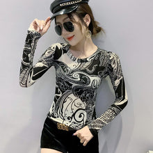 Load image into Gallery viewer, New 2021 Autumn Women&#39;s Clothing Fashion Casual Long Sleeve Print Elastic Mesh T-Shirt M-3XL Plus Size Blusas Tops