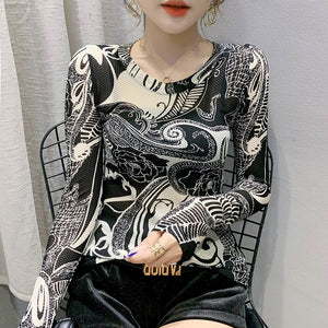 New 2021 Autumn Women's Clothing Fashion Casual Long Sleeve Print Elastic Mesh T-Shirt M-3XL Plus Size Blusas Tops