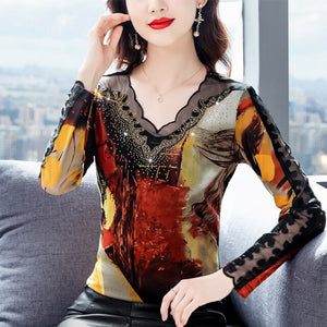 New 2021 Autumn Women's T-Shirt Fashion Casual Long Sleeve V-Neck Mesh Tops Elegant Slim Printed Leopard Shirt M-4XL Clothing