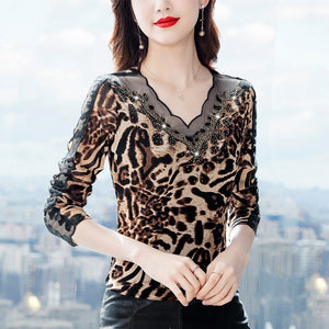 New 2021 Autumn Women's T-Shirt Fashion Casual Long Sleeve V-Neck Mesh Tops Elegant Slim Printed Leopard Shirt M-4XL Clothing