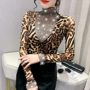 New 2021 Autumn Women's T-Shirt Fashion Casual Long Sleeved Turtleneck Hollow Out Mesh Tops Elegant Slim Leopard Women Clothing