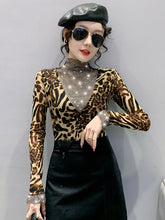 Load image into Gallery viewer, New 2021 Autumn Women&#39;s T-Shirt Fashion Casual Long Sleeved Turtleneck Hollow Out Mesh Tops Elegant Slim Leopard Women Clothing