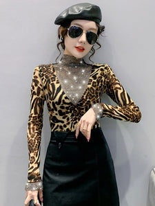 New 2021 Autumn Women's T-Shirt Fashion Casual Long Sleeved Turtleneck Hollow Out Mesh Tops Elegant Slim Leopard Women Clothing
