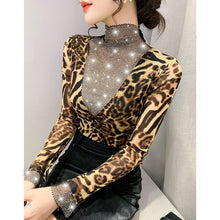 Load image into Gallery viewer, New 2021 Autumn Women&#39;s T-Shirt Fashion Casual Long Sleeved Turtleneck Hollow Out Mesh Tops Elegant Slim Leopard Women Clothing