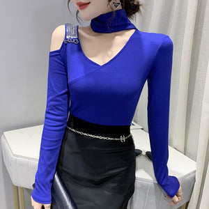 New 2021 Autumn Women's T-Shirt Fashion Casual Sexy V-Neck Diamond Mesh Tops M-3XL Plus Size Women Clothing