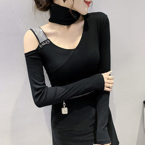 New 2021 Autumn Women's T-Shirt Fashion Casual Sexy V-Neck Diamond Mesh Tops M-3XL Plus Size Women Clothing