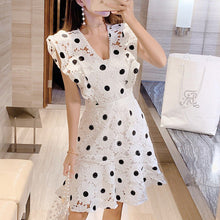 Load image into Gallery viewer, New 2021 Runway Designer V Neck Floral Embroidery Mini White Dress Vintage Elegant Hollow Out Ruffles Dress
