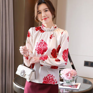 New Spring Autumn Chiffon Blouse Fashion Casual Print Long Sleeve Shirt Stand Collar Beading Office Lady Tops Blusas