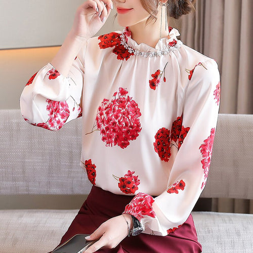 New Spring Autumn Chiffon Blouse Fashion Casual Print Long Sleeve Shirt Stand Collar Beading Office Lady Tops Blusas