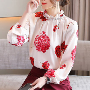 New 2021 Spring Autumn Chiffon Blouse Fashion Casual Print Long Sleeve Shirt Stand Collar Beading Office Lady Tops Blusas