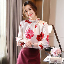 Load image into Gallery viewer, New 2021 Spring Autumn Chiffon Blouse Fashion Casual Print Long Sleeve Shirt Stand Collar Beading Office Lady Tops Blusas