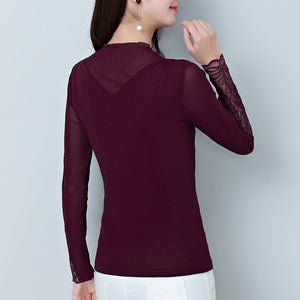 New 2021 Spring Autumn Long Sleeve Women's T-Shirt Fashion Casual Stand Collar Mesh Tops Elegant Slim Dimaond Plus Size Blusas