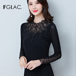 New 2021 Spring Autumn Long Sleeve Women's T-Shirt Fashion Casual Stand Collar Mesh Tops Elegant Slim Dimaond Plus Size Blusas