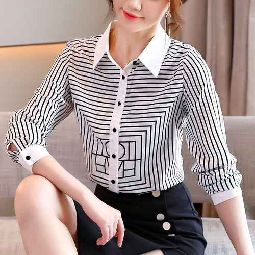 New 2021 Spring Autumn Women Chiffon Shirt Fashion Casual Long Sleeve Turn-Down Collar Striped Blouse Plus Size Loose Clothing