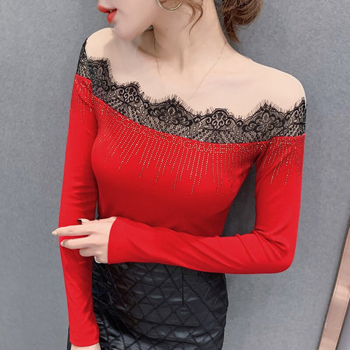 New 2021 Spring Autumn Women Tops Fashion Sexy Long Sleeve Mesh Shirt Elegant Slim Hot Drilling Lace t-shirt Blusas