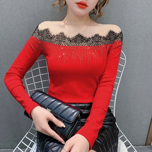 New 2021 Spring Autumn Women Tops Fashion Sexy Long Sleeve Mesh Shirt Elegant Slim Hot Drilling Lace t-shirt Blusas