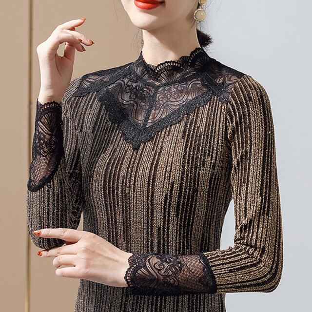 New 2021 Spring Autumn Women's t-shirt Fashion Long Sleeve Patchwork Mesh Tops M-4XL Plus Size Lace Shirt Clothing