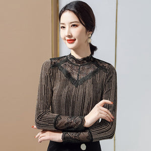 New 2021 Spring Autumn Women's t-shirt Fashion Long Sleeve Patchwork Mesh Tops M-4XL Plus Size Lace Shirt Clothing