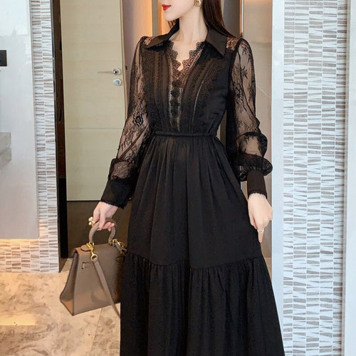 New 2021 Spring Elegant Lace Patchwork V-Neck Long Sleeve Party Dress Female Vintage Women High Waist Holiday Maxi Robe Vestidos