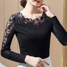 Load image into Gallery viewer, New 2021 Spring Long Sleeve Women Mesh Tops Fashion Casual Sexy Hollow Out Lace T-Shirt Plus Size M-4XL  Mesh tees