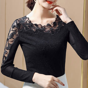 New 2021 Spring Long Sleeve Women Mesh Tops Fashion Casual Sexy Hollow Out Lace T-Shirt Plus Size M-4XL  Mesh tees