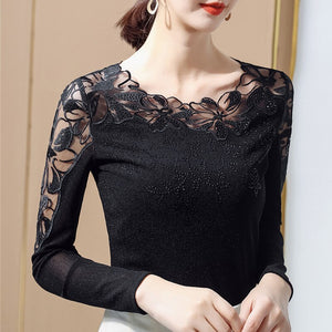 New 2021 Spring Long Sleeve Women Mesh Tops Fashion Casual Sexy Hollow Out Lace T-Shirt Plus Size M-4XL  Mesh tees