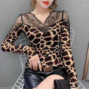 New 2021 Spring Women T-Shirt Fashion Sexy V-Neck Mesh Tops And Shirt Hot Drilling Lace Shirt Plus Size Women tees