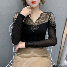 Load image into Gallery viewer, New 2021 Spring Women T-Shirt Fashion Sexy V-Neck Mesh Tops And Shirt Hot Drilling Lace Shirt Plus Size Women tees