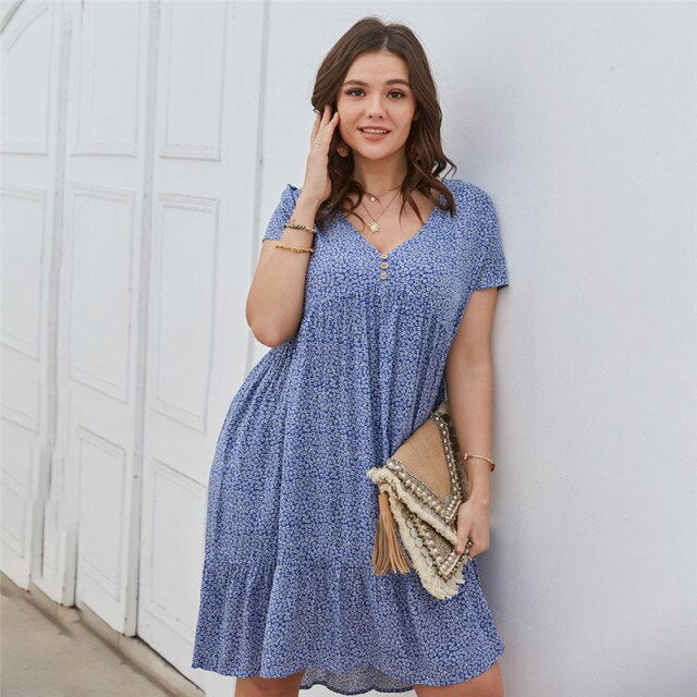 New 2021 Summer Dress Plus Size Women Beach Dresses Fashion Floral Chiffon Dress Short Sleeve V-Neck Loose Daily Dress Female