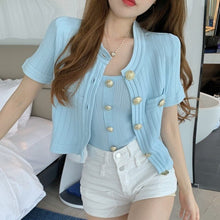 Load image into Gallery viewer, New 2021 Summer Knitted Suit Casual Fashion Gold Button Short Sleeve Cardigan Top + Sexy Sling Vest Two-Piece Set Femme