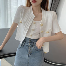 Load image into Gallery viewer, New 2021 Summer Knitted Suit Casual Fashion Gold Button Short Sleeve Cardigan Top + Sexy Sling Vest Two-Piece Set Femme