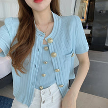 Load image into Gallery viewer, New 2021 Summer Knitted Suit Casual Fashion Gold Button Short Sleeve Cardigan Top + Sexy Sling Vest Two-Piece Set Femme