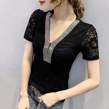 Load image into Gallery viewer, New 2021 Summer Short Sleeve Lace T-Shirt Fashion Casual Sexy V-Neck Women&#39;s Tops Elegant Slim Lady&#39;s Shirt Blusas