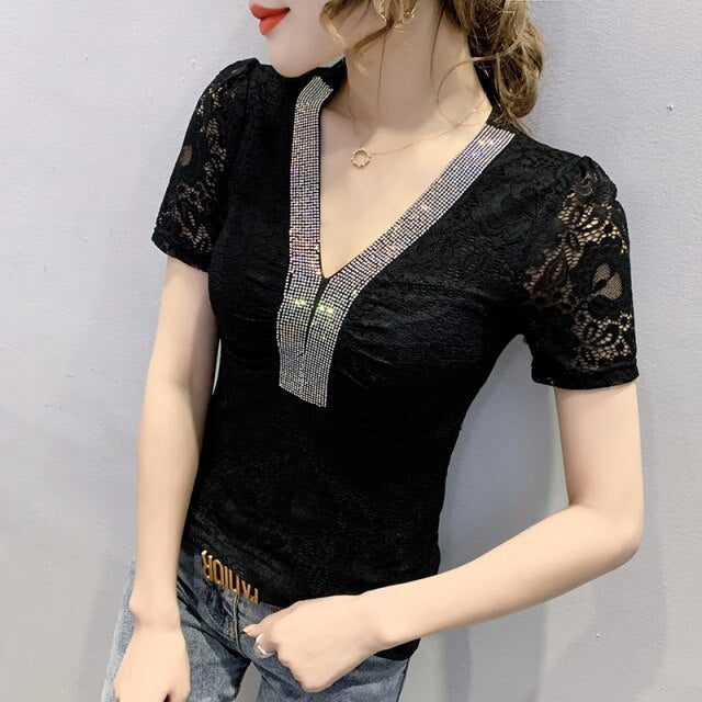 New 2021 Summer Short Sleeve Lace T-Shirt Fashion Casual Sexy V-Neck Women's Tops Elegant Slim Lady's Shirt Blusas