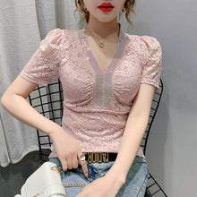 Load image into Gallery viewer, New 2021 Summer Short Sleeve Lace T-Shirt Fashion Casual Sexy V-Neck Women&#39;s Tops Elegant Slim Lady&#39;s Shirt Blusas