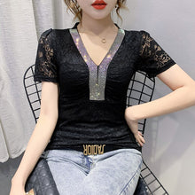 Load image into Gallery viewer, New 2021 Summer Short Sleeve Lace T-Shirt Fashion Casual Sexy V-Neck Women&#39;s Tops Elegant Slim Lady&#39;s Shirt Blusas