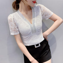 Load image into Gallery viewer, New 2021 Summer Short Sleeve Lace T-Shirt Fashion Casual Sexy V-Neck Women&#39;s Tops Elegant Slim Lady&#39;s Shirt Blusas