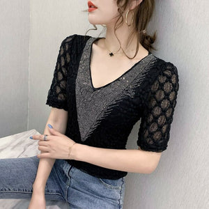 New 2021 Summer Short Sleeve Lace Tops Fashion Casual V-Neck Women's T-Shirt Elegant Slim Dimaond Shirt Plus Size Blusas