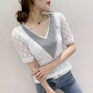 New 2021 Summer Short Sleeve Lace Tops Fashion Casual V-Neck Women's T-Shirt Elegant Slim Dimaond Shirt Plus Size Blusas