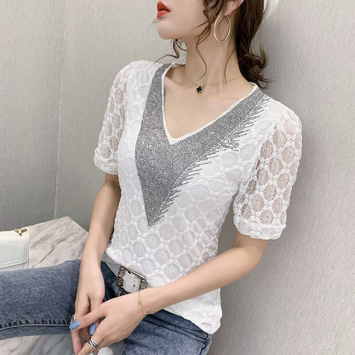 New 2021 Summer Short Sleeve Lace Tops Fashion Casual V-Neck Women's T-Shirt Elegant Slim Dimaond Shirt Plus Size Blusas