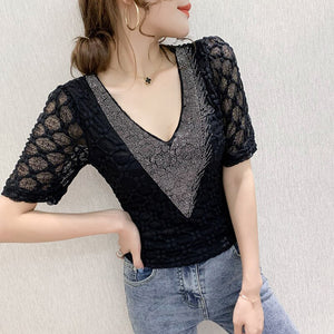 New 2021 Summer Short Sleeve Lace Tops Fashion Casual V-Neck Women's T-Shirt Elegant Slim Dimaond Shirt Plus Size Blusas