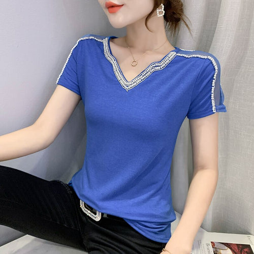 New 2021 Summer Short Sleeve Mesh Tops Fashion Casual Beading Women's T-Shirt Plus Size Lady Blusas Clothes