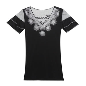 New 2021 Summer Short Sleeve Woman's T-Shirt Fashion Sexy V-Neck Mesh Tops Shirt Hot Drilling Ruffels Lady tshirt